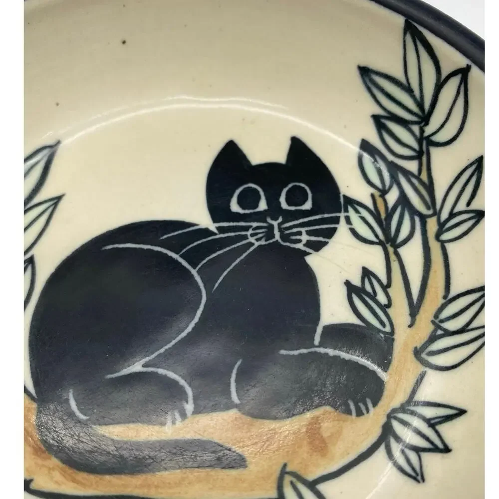 Karen Donleavy Black Cat Bowl on a Branch Studio Pottery signed KD‎